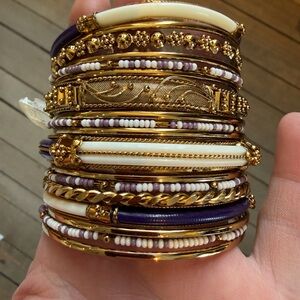 Amrita Singh Gold/Purple/Ivory Bangle Bracelet 18pc Set, NWT size 8